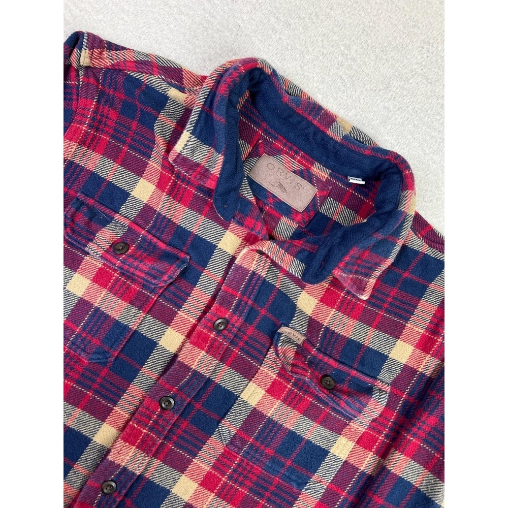 Orvis Shirt Mens 2XL Red Navy Plaid Flannel Button Down Fleece Collar Cotton